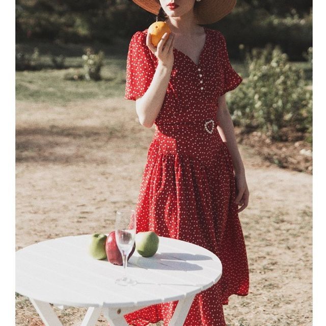 Yolandus Short-Sleeve V-Neck Heart Print Midi A-Line Dress