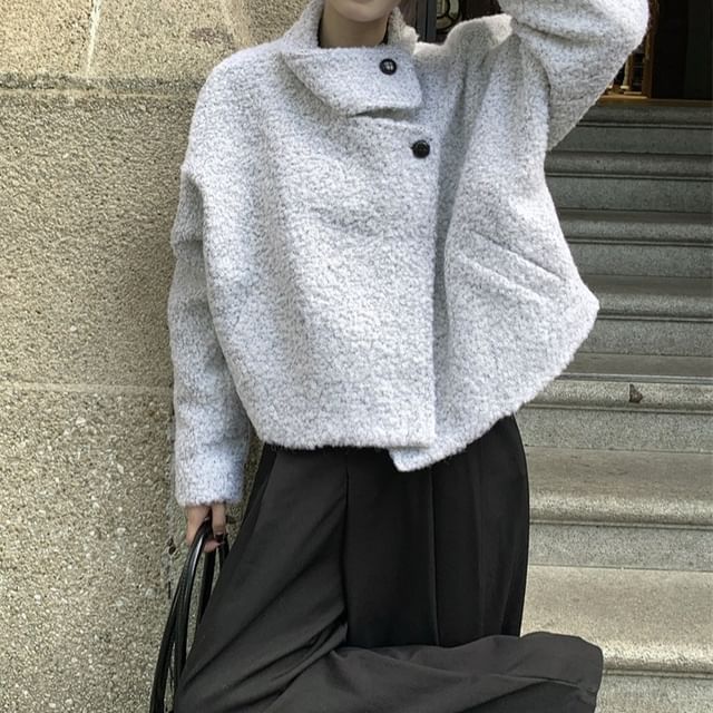 ANORA-Stand Collar Plain Fleece Button Jacket