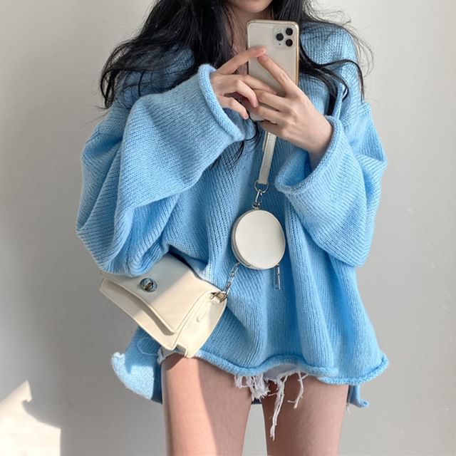 Alfie-V-Neck Plain Slit Oversized Sweater