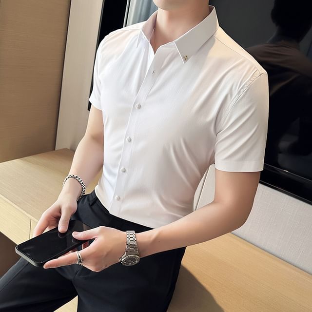 Deepwood-Short Sleeve Collared Plain Shirt