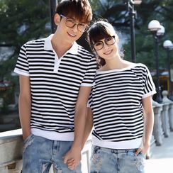 NoonSun - Couple Matching Striped Short-Sleeve T-Shirt / Polo Shirt