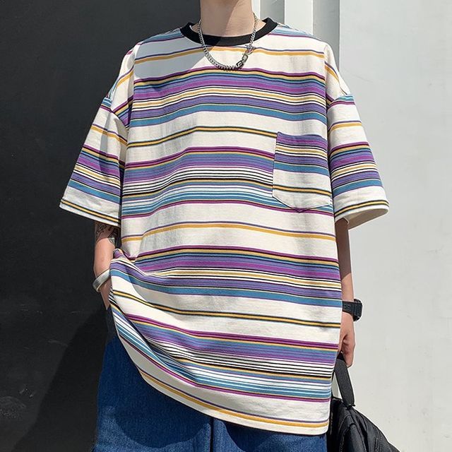 Oakjam-Elbow-Sleeve Striped T-Shirt