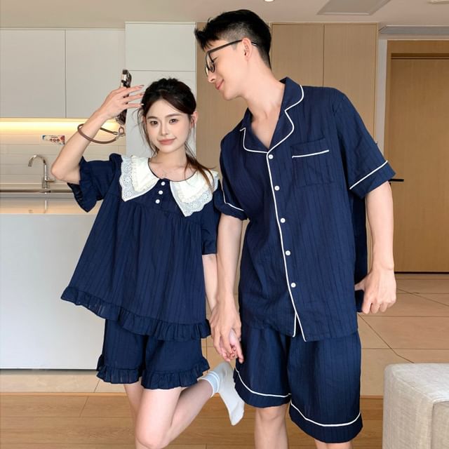 Sadelle-Couple Matching Short-Sleeve Contrast Collar Blouse Shorts Shirt Pajama Dress Pajama Set