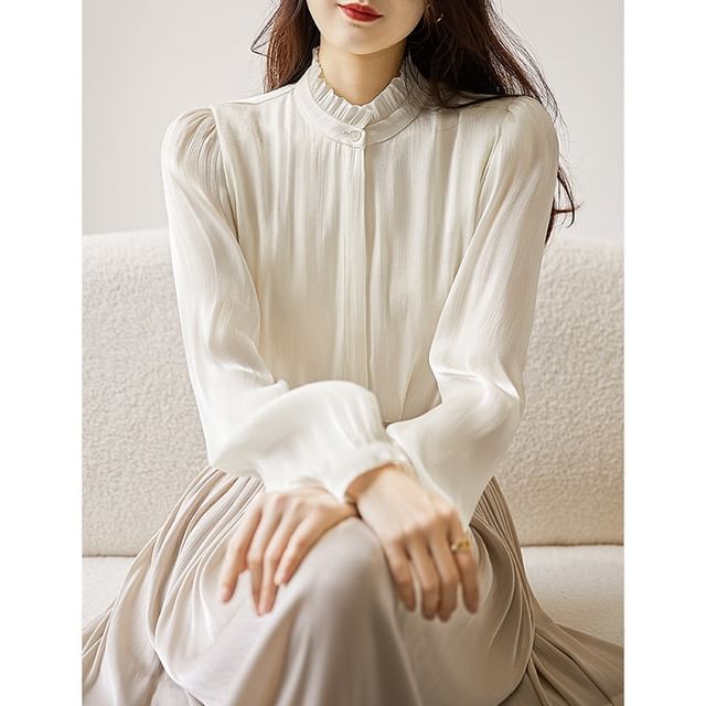INEN-Long Sleeve Stand Collar Plain Frill Blouse