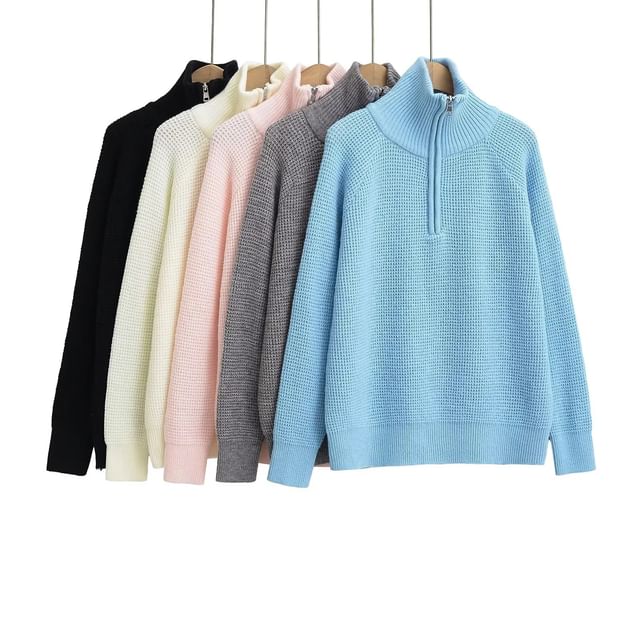 Asiris-Turtleneck Plain Waffle Half Zip Sweater