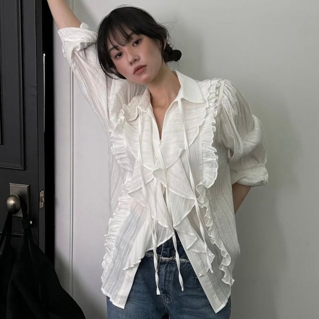 Janerium-Long-Sleeve Collared Ruffle Trim Tie Front Plain Blouse
