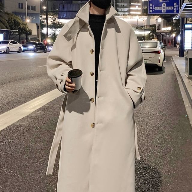 Omozando-Stand Collar Plain Midi Single-Breasted Coat
