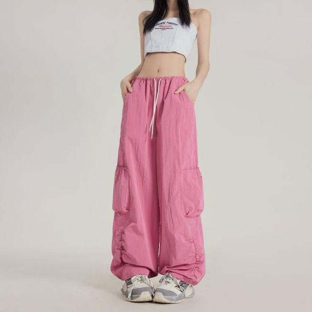 Denimot-Drawstring Waist Plain Baggy Cargo Pants Various Designs