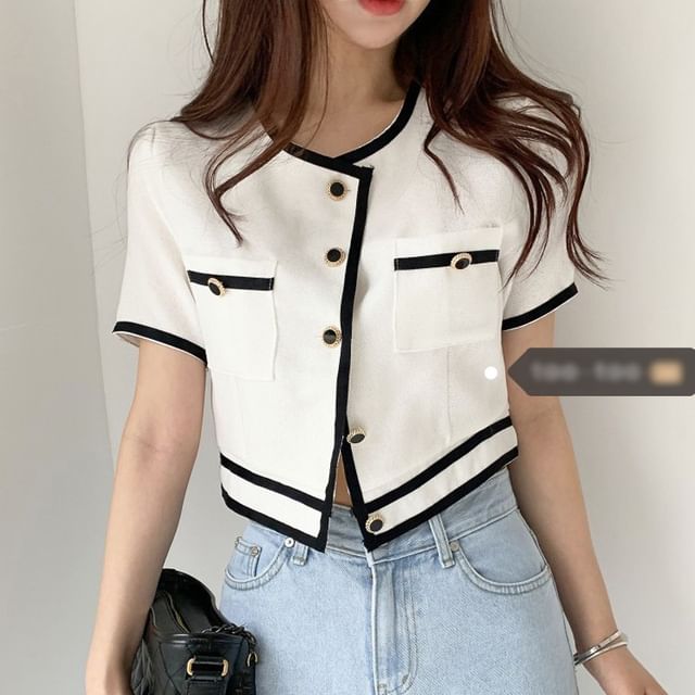 Gilmort-Short Sleeve Round Neck Contrast Trim Button Jacket