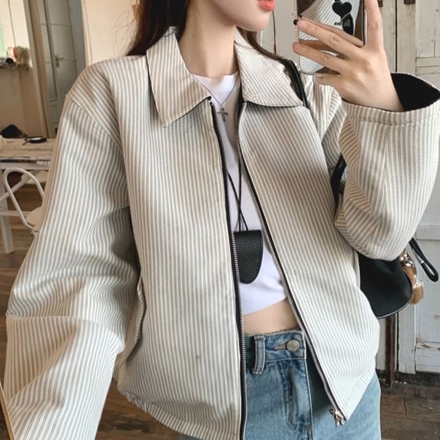 Gilmort-Collared Striped Reversible Zip Jacket