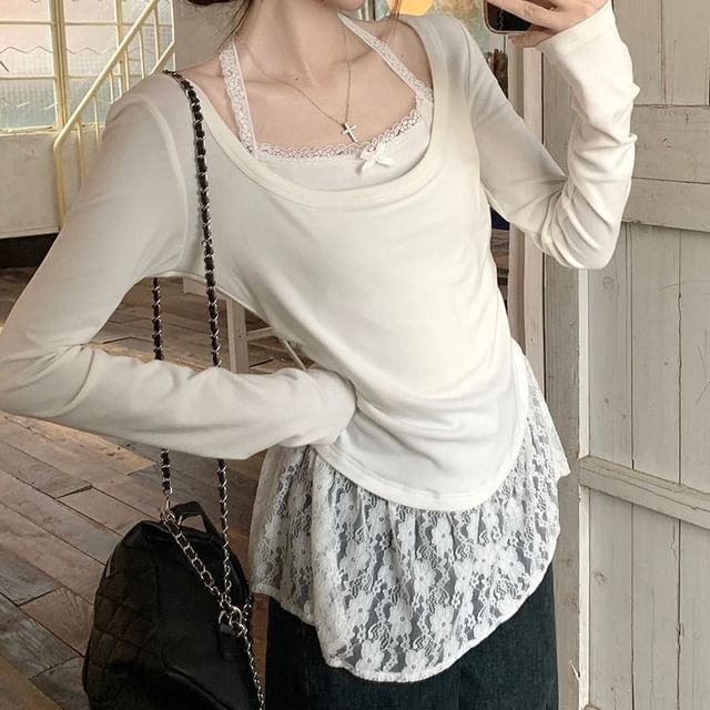 Cloud Nine-Mock Two-Piece Long-Sleeve Lace Panel Top