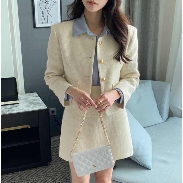 Yilda-Round Neck Plain Button Jacket High Rise Mini A-Line Skirt Set