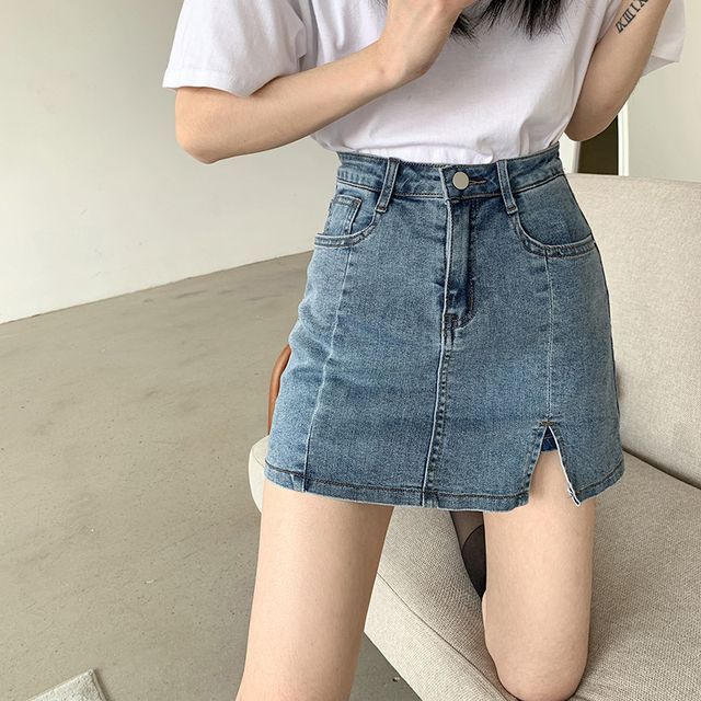 Sienne-High Waist Side-Slit Denim Skort