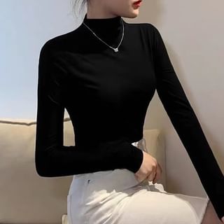 Sisyphi-Long-Sleeve Mock Neck Plain T-Shirt