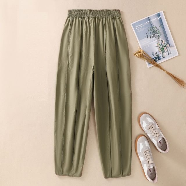 Supernova-Elastic Waist Plain Panel Cropped Barrel Leg Pants