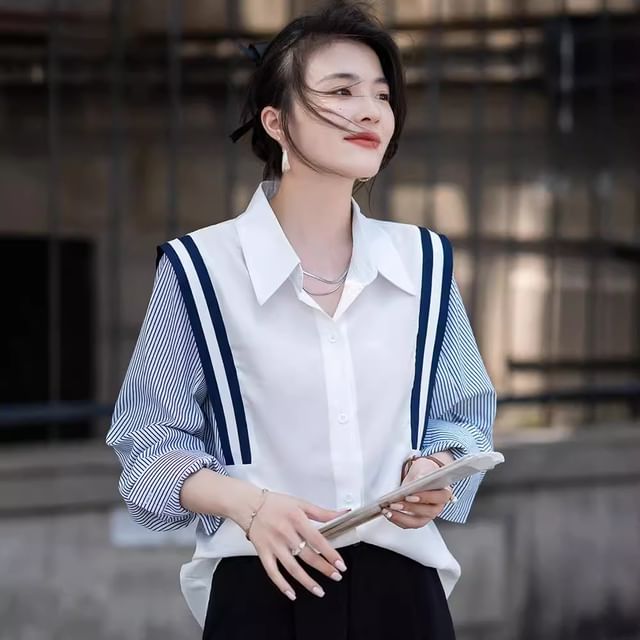 Jeonseon-Long-Sleeve Striped Panel Shirt