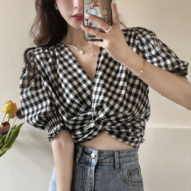 Odestra-Puff-Sleeve Gingham Cropped Blouse