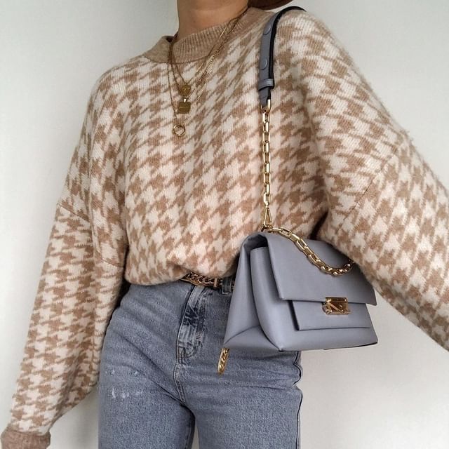 Beaustreet-Long-Sleeve Crew Neck Houndstooth Sweater