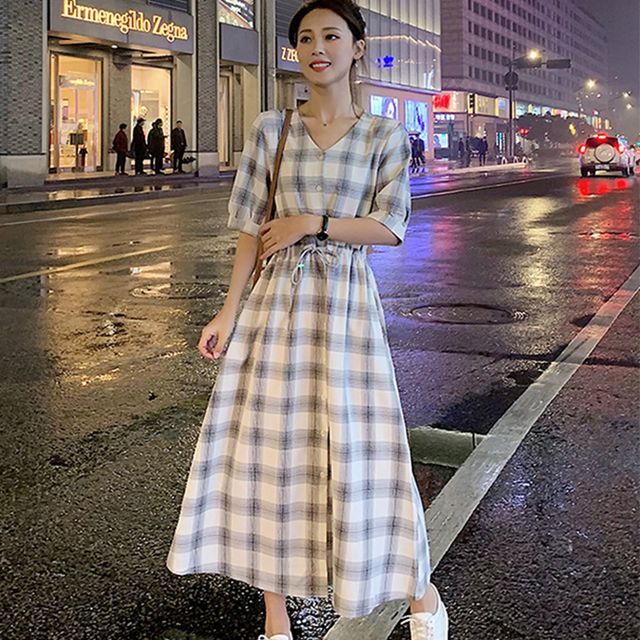 Everose - Short-Sleeve Crew Neck Plaid Midi A-Line Dress | YesStyle
