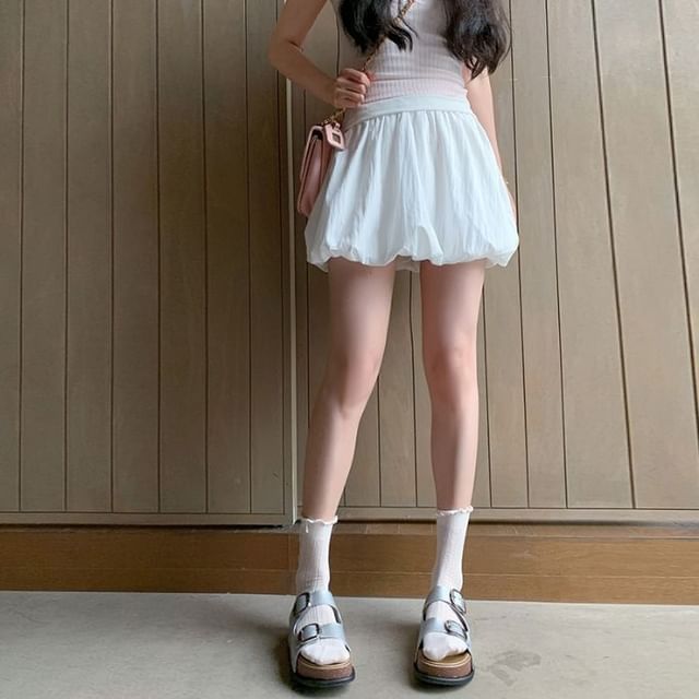 Denimot-High Waist Plain Bubble Mini A-Line Skirt