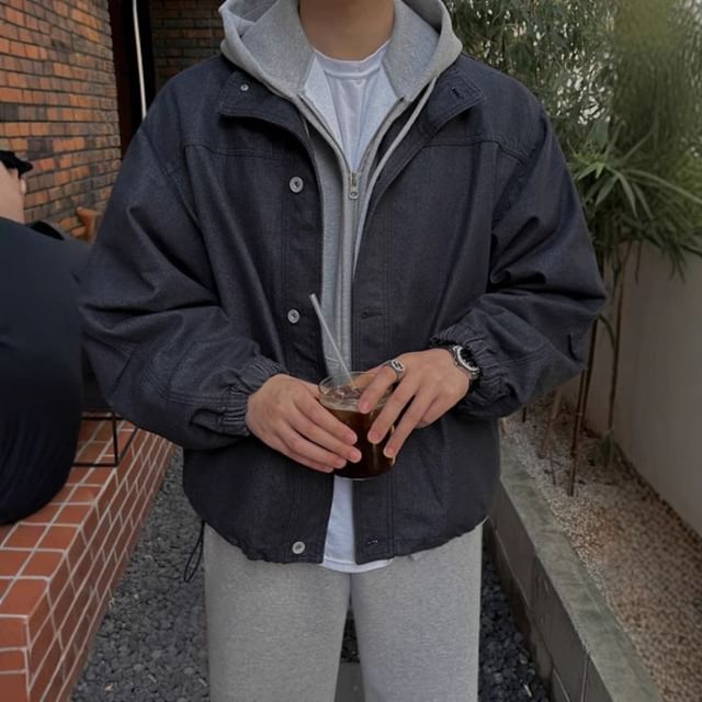 Omozando-Plain Denim Single-Breasted Jacket