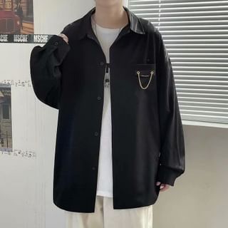 Macho-Long Sleeve Collared Plain Chain Panel Shirt