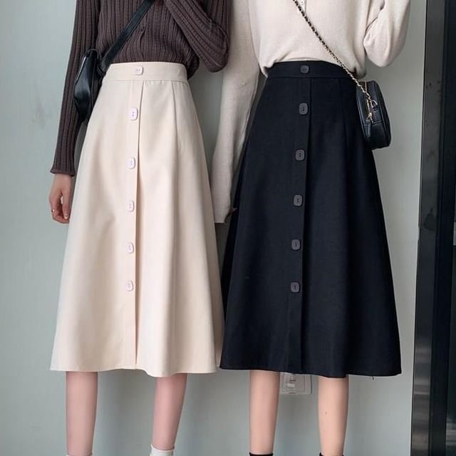 Sisyphi-High Waist Plain Midi A-Line Skirt