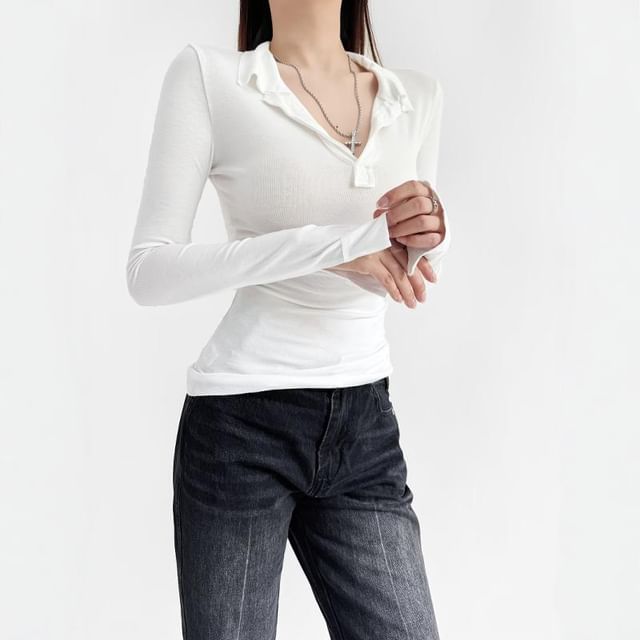 Hollahop-Long-Sleeve Plain Polo Top