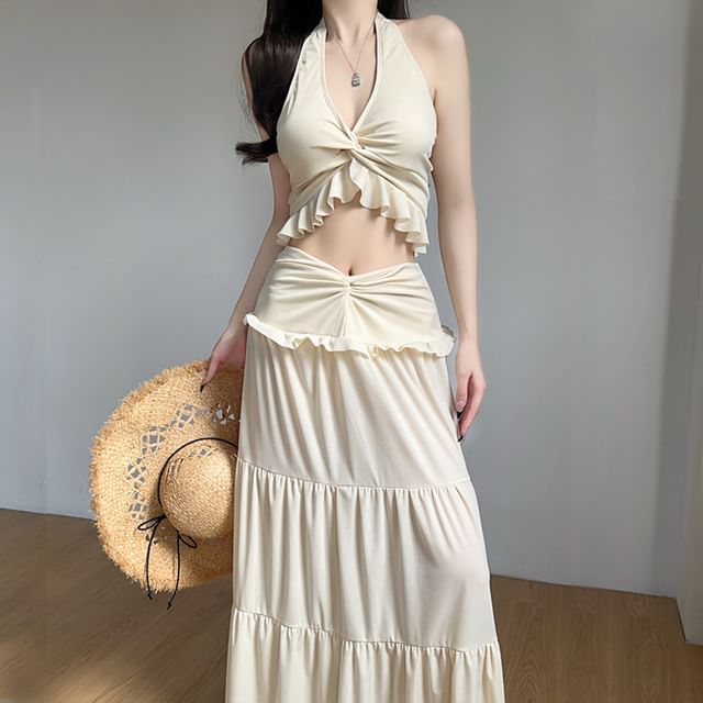 CUCURBIT-Set Halter-Neck Plain Ruffled Bikini Cover-Up