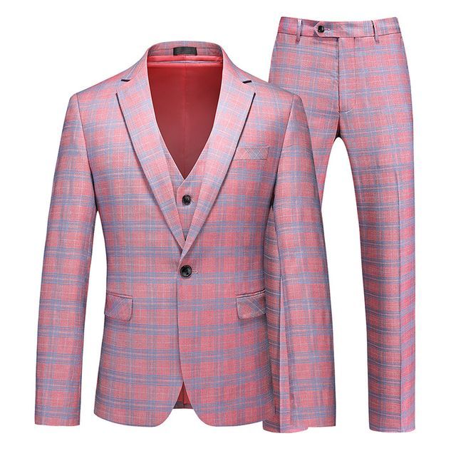 Sheck-Set Plaid One-Buttoned Blazer V-Neck Button-Up Vest Mid Rise Tapered Dress Pants