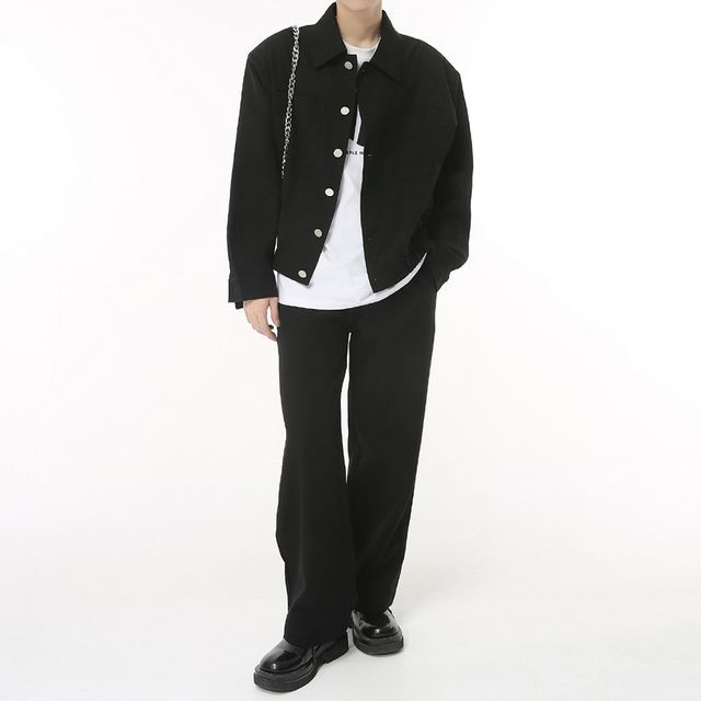 FAERIS-Plain Button0Up Shirt Jacket High Waist Wide Leg Pants