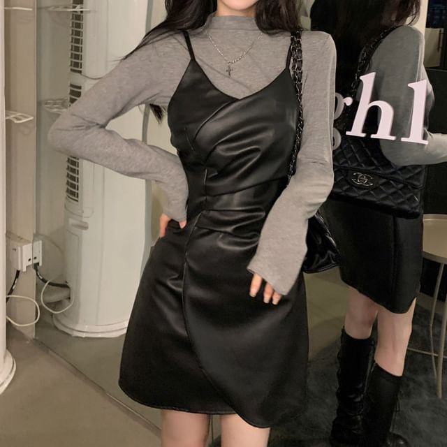 knee length dresses for ladies Faux Leather Shirt Dress with Pintuck Waist Army / S