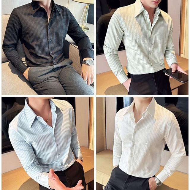 Lefitt-Long Sleeve Collared Striped Shirt