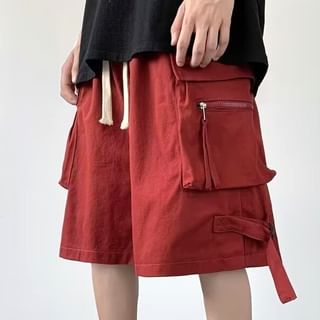 farrahces-Drawstring Waist Plain Cargo Shorts