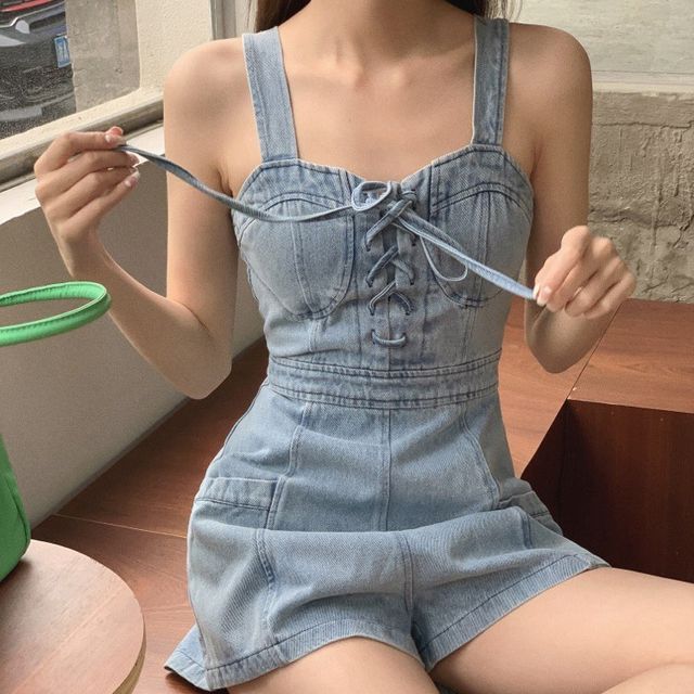 spaghetti strap denim romper