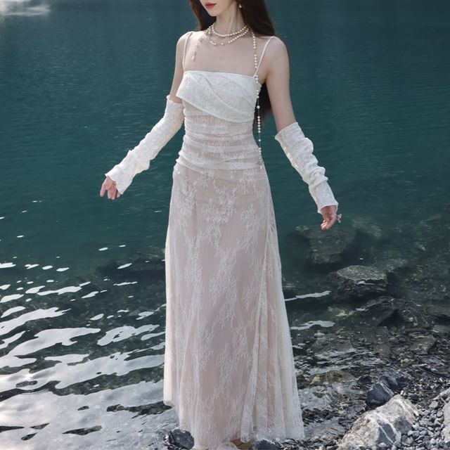 Faiar - Set: Spaghetti Strap Ruched Lace Overlay Maxi A-Line Dress + Arm  Sleeves | YesStyle
