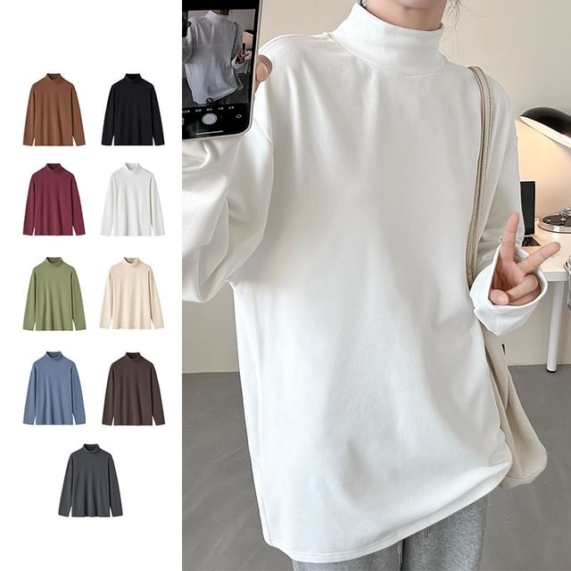 FOEV-Long-Sleeve Mock Neck Plain T-Shirt