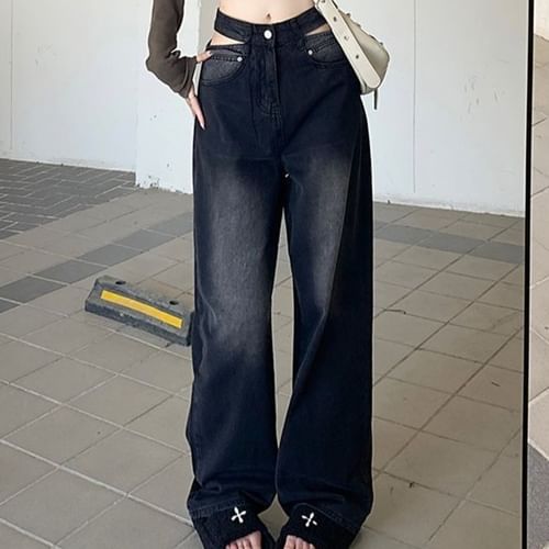 High Rise Washed Cut-Out Straight-Fit Wide-Leg Jeans