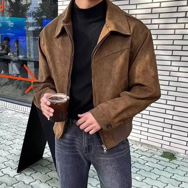 DuckleBeam-Collared Plain Zip-Up Faux Suede Jacket
