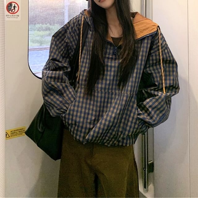 monroll-Half Zip Plaid Hoodie