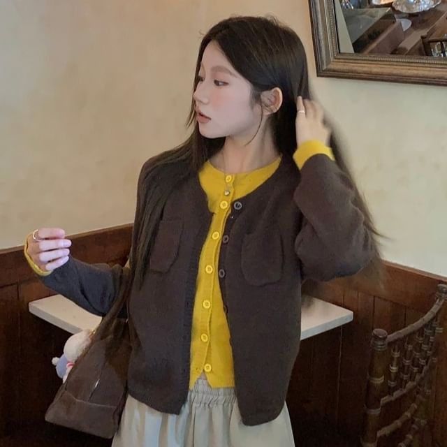 Porstina-Mock Two-Piece Two Tone Button-Up Cardigan