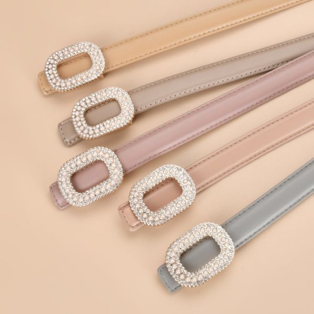 Rofuka-Rhinestone Genuine Leather Slim Belt