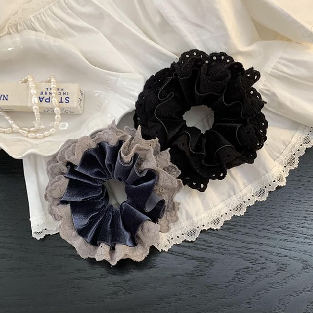 Gemsha-Lace-Trim Velvet Scrunchie
