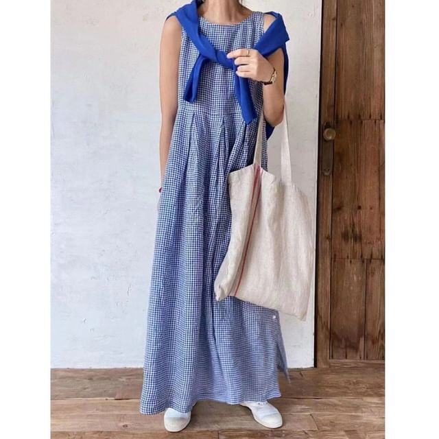 INEN-Sleeveless Round Neck Gingham Button Side Midi A-Line Dress