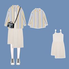 Gretchen - Spaghetti Strap Midi A-Line Pleated Dress / Long-Sleeve Striped Shirt Gretchen - Spaghetti Strap Midi A-Line Pleated Dress / Long-Sleeve Striped Shirt