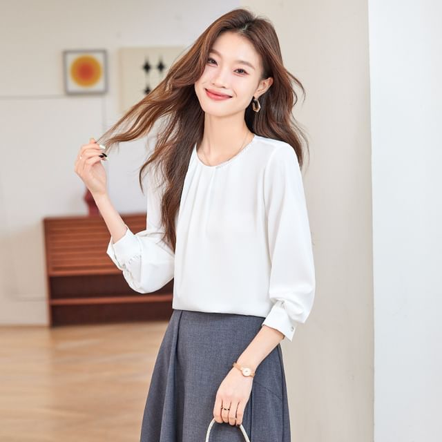 Skyheart-Long Sleeve Round Neck Plain Ruched Blouse