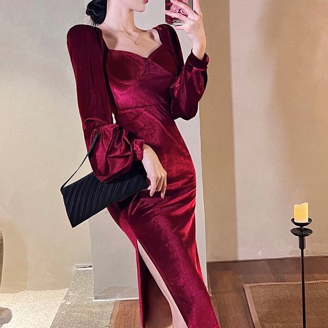 yellow long dress formal Bright Yellow V-neck Metallic Sequin Long sleeves Prom Dress main image 0