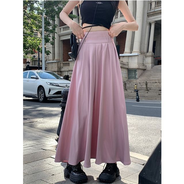 Denimot-High Rise Plain Belted Maxi Pleated Skirt