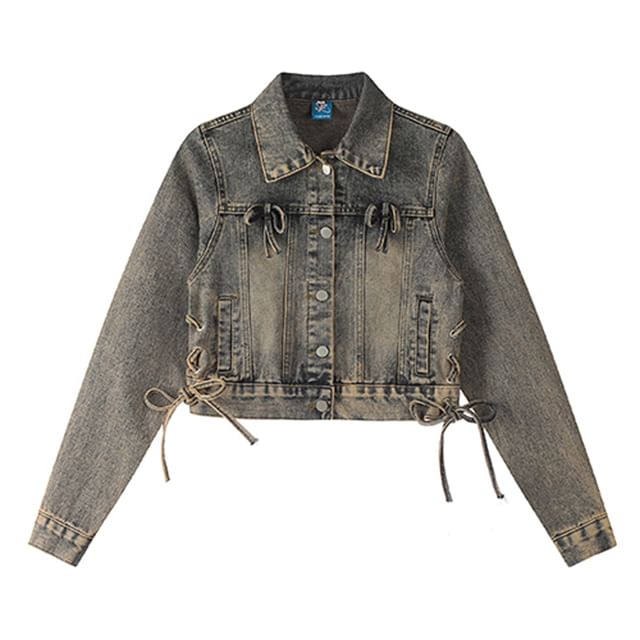 SPUCIKLEI-Collared Denim Button-Up Crop Jacket