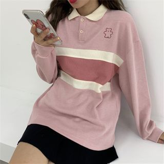 color block polo shirt long sleeve